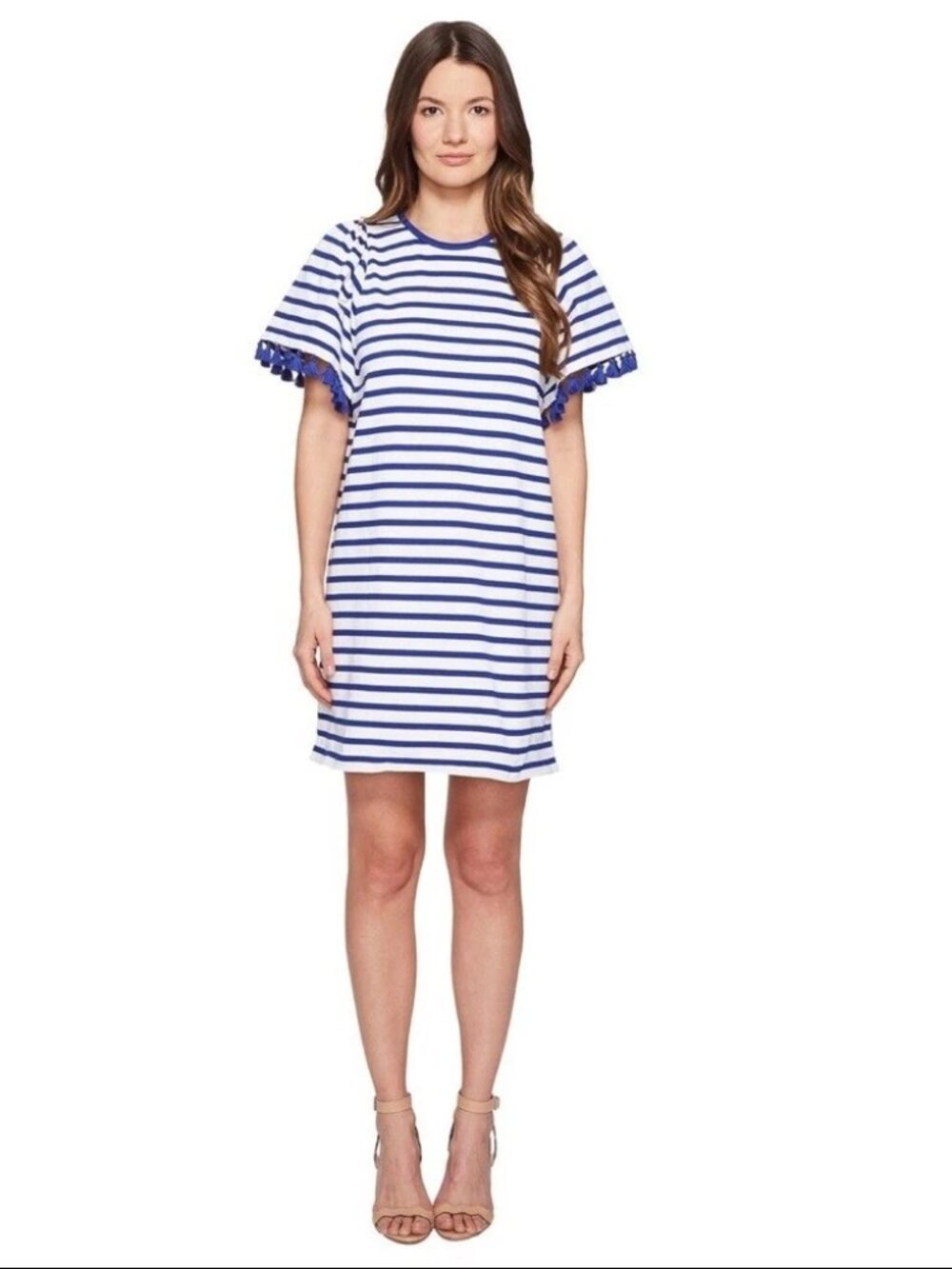 Kate Spade Broome Street Tassel Dress Sz XL Striped Flutter Sleeve Blue Preppy